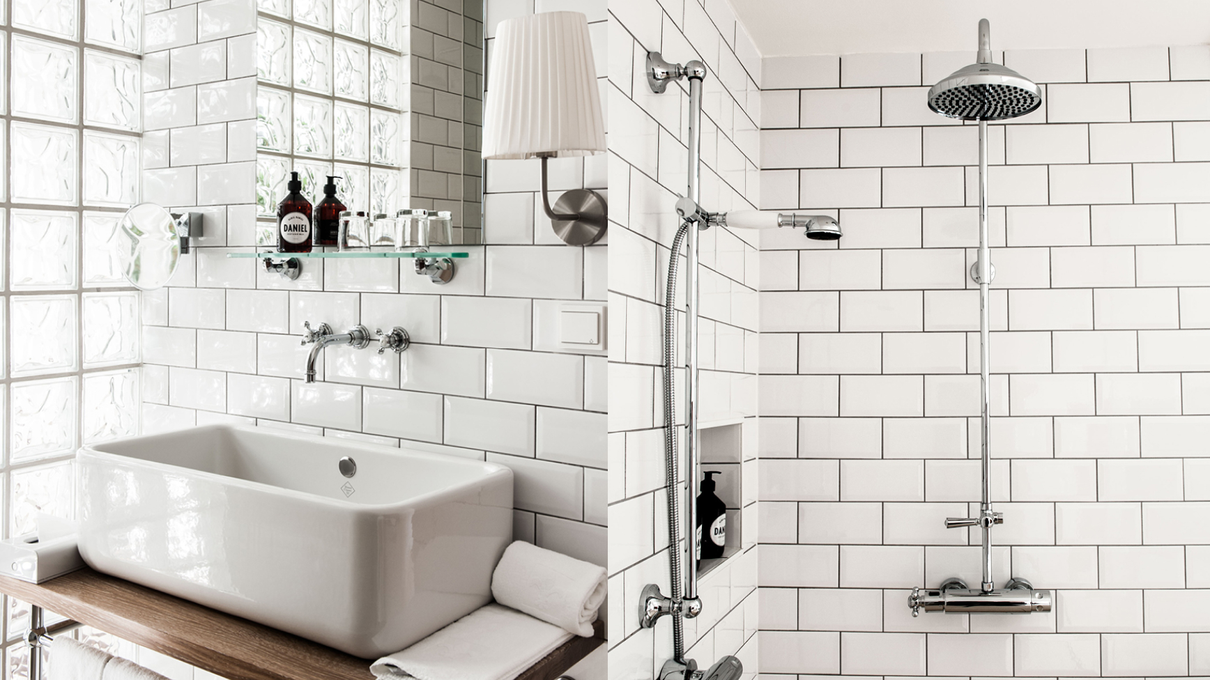 Ein Badezimmer mit weißer U-Bahn-Fliese, einer Waschtisch-Spüle und einer Dusche. "DANIEL" ist auf den Seifenflaschen zu lesen.