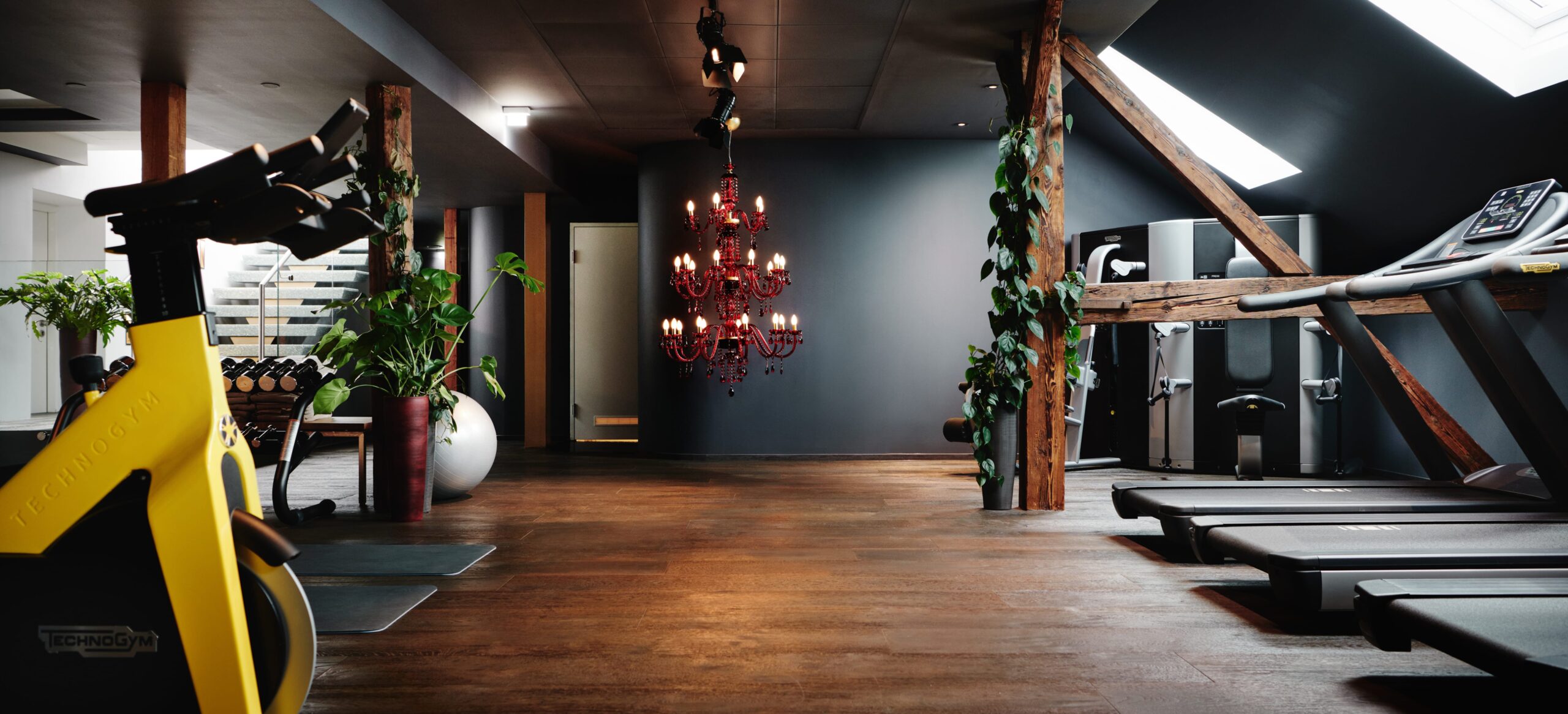 Gym featuring Technogym equipment, a red chandelier, and wooden beams.